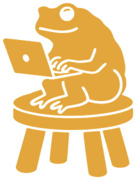 The toad on his stool typing on a laptop