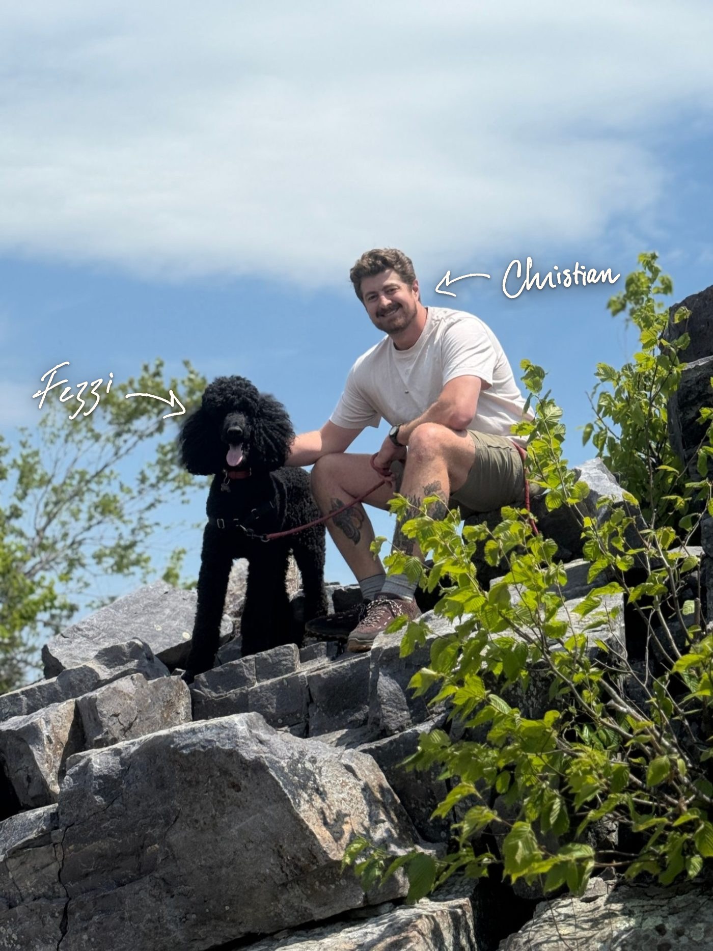 Christian on a rocky summit with Fezzi, his black standard poodle, each labeled in his handwriting
